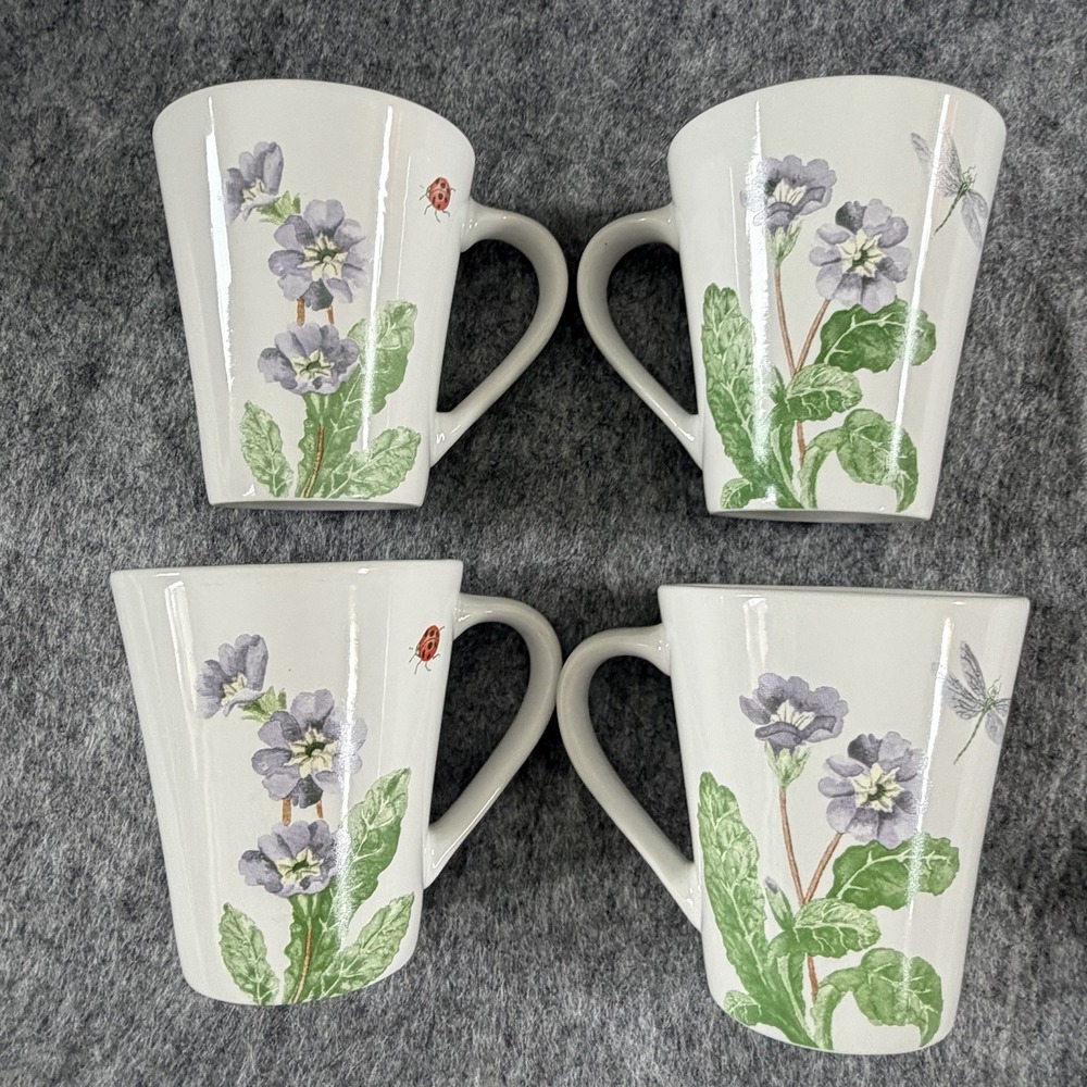 Corelle Coordinates Stoneware Mugs Cups Camellia Floral Ladybug Dragonfly Set 4